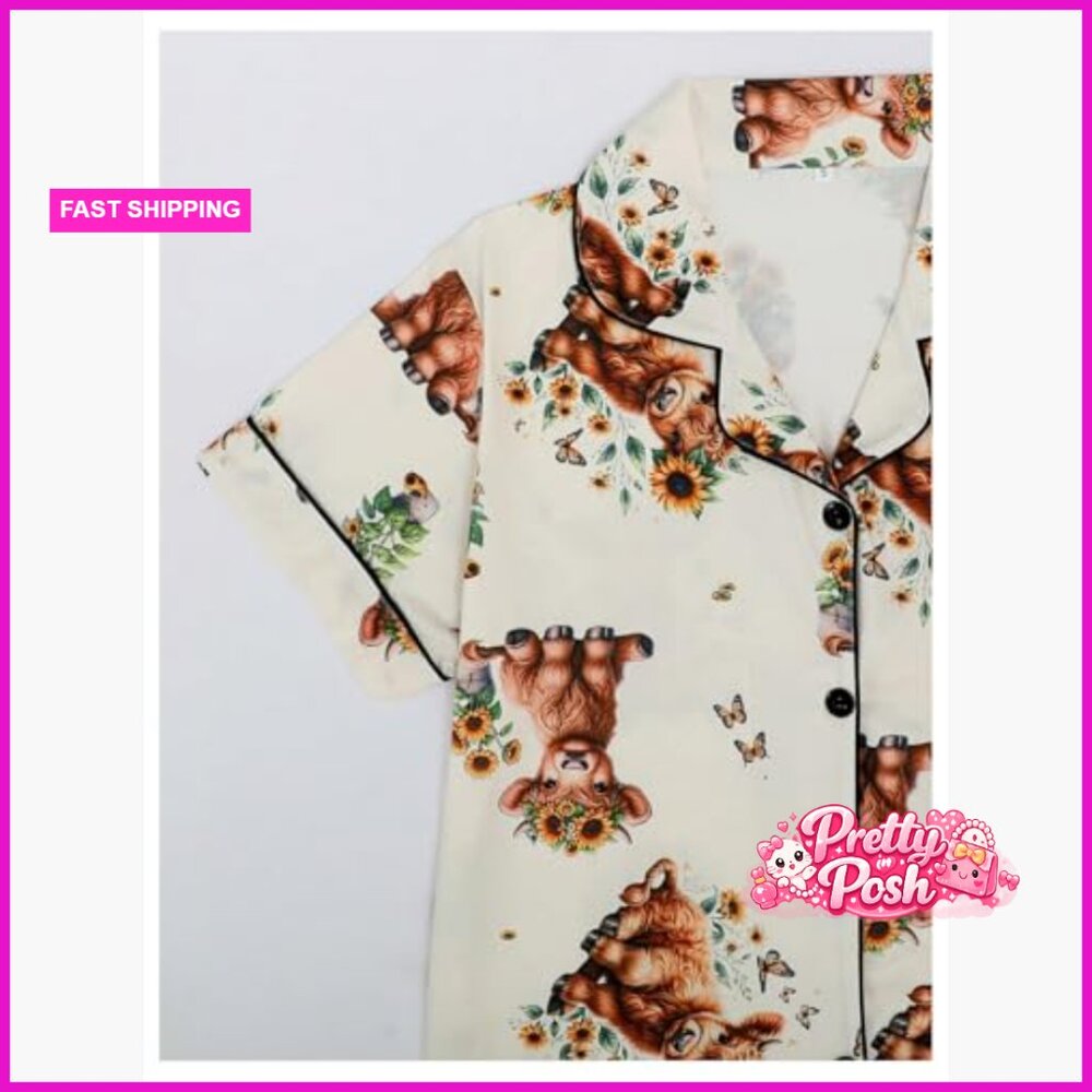 Polyester Pajama Set With Bear Print Button Down … - image 3